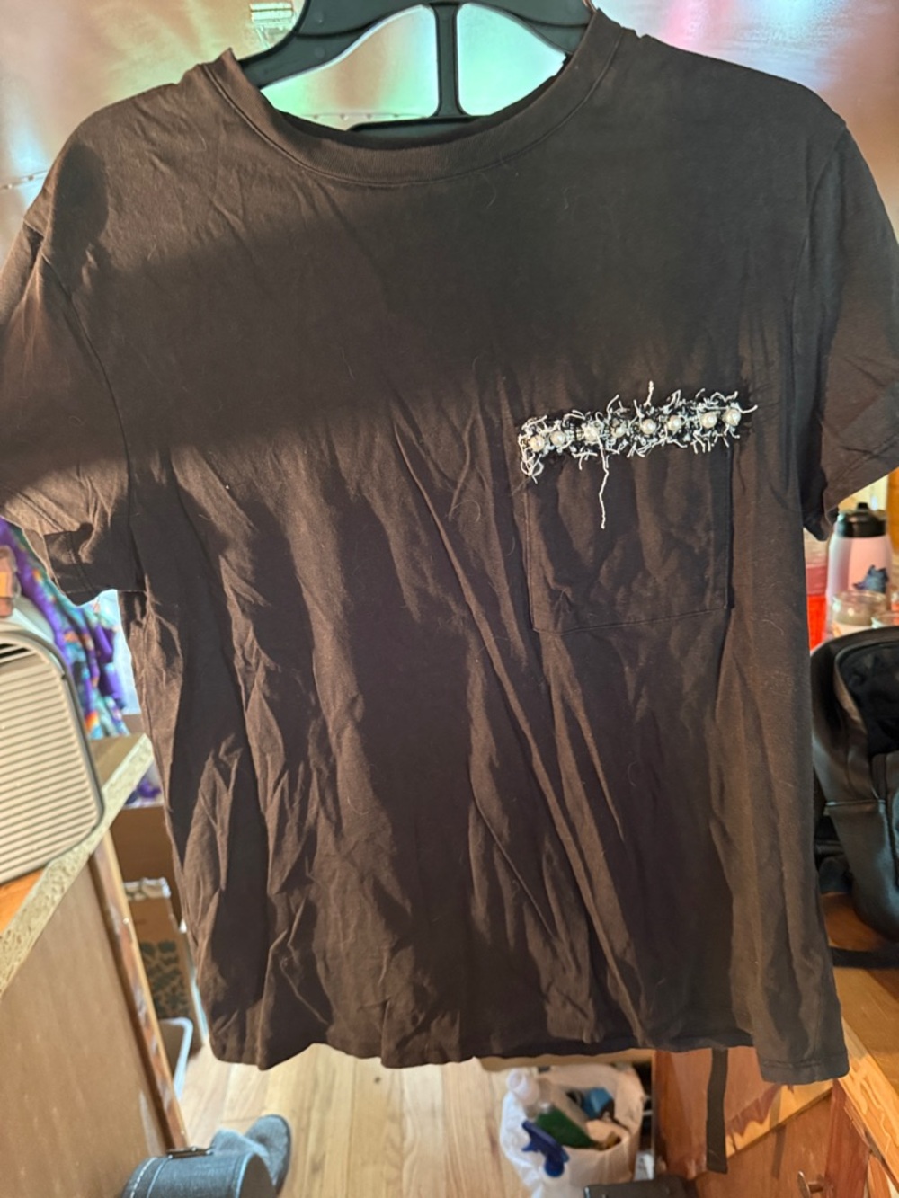 Women’s Black Short-Sleeve Pocket Tee with Handcrafted Embellishment